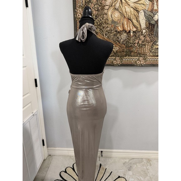 Edge by KS Dress Womens Small Mud Taupe‎ Metallic Cross Halter Maxi Gown D11791A - Picture 2 of 11